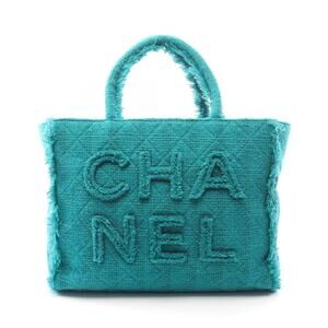 Chanel CHANEL Logo Zip Shopping Bag Large Tote Handbag Fabric Women's Green A...